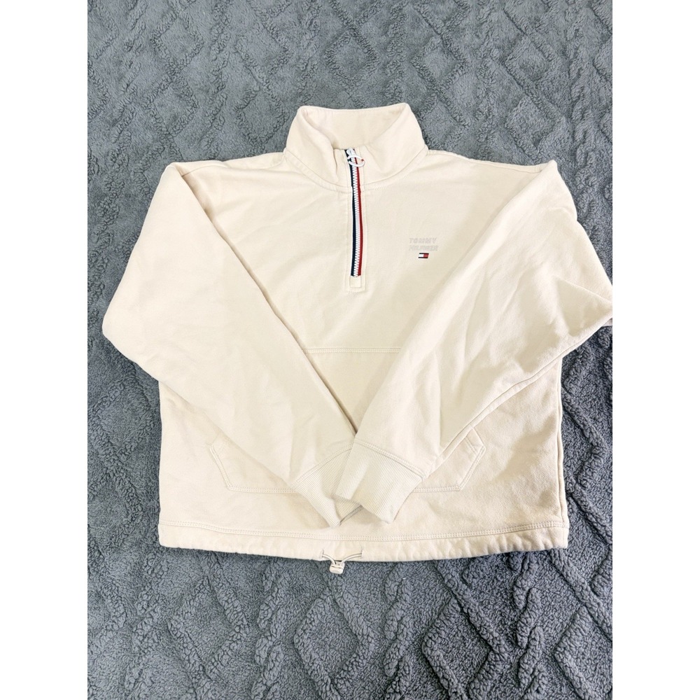 Tommy Hilfiger Sport Beige Cotton Knit Half Zip Mock Neck Sweatshirt Small